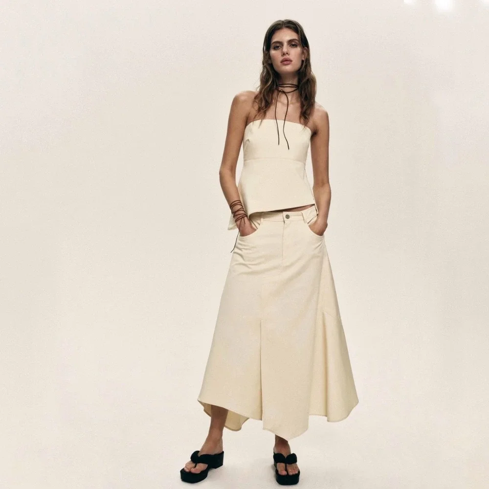 ZARA Asymmetrical Midi Skirt Cream Cotton Blend Size Medium